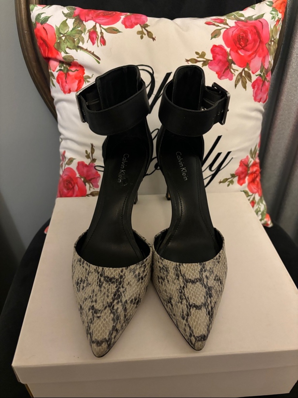 Calvin Klein Black Ankle-Strap Pumps with Snake-Print Pointed Toe